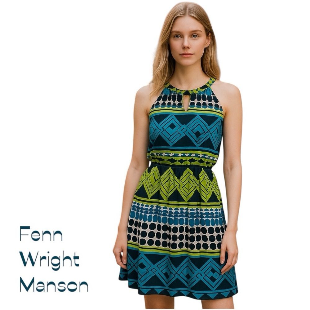 Fenn Wright Manson Blue Green Geometric Sleeveless Dress NWOT Size 6